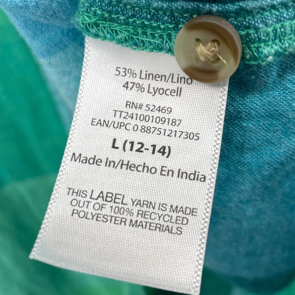 Time and Tru Size L Sleeveless Button Down Shirt Green Teal Plaid‎ Linen Blend - Picture 4 of 6